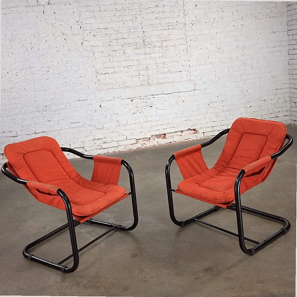 1970’s Modern Orange & Black Tube Cantilever Sling Chairs Lounge Jerry Johnson S