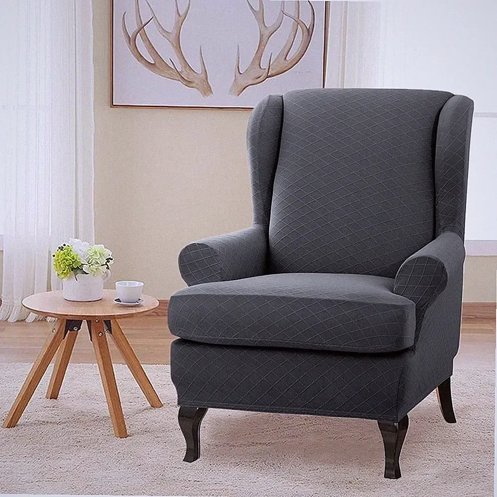 2 Pc Wingback Chair Furniture Slip Cover Grey Stretch Jacquard By Enova Home NEW