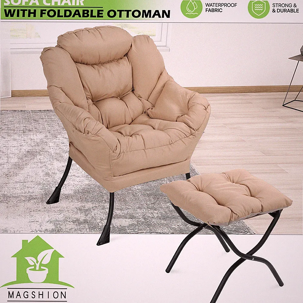 Beige Lazy Chair Modern Sofa Chair Recliner Chair Living Room w/Foldable Ottoman
