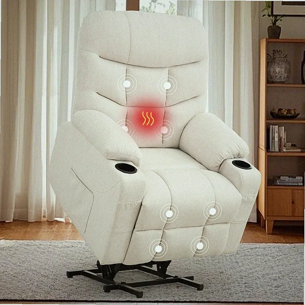 Beige Power Lift Recliner Remote Heat Massage Arm Chair Armchair Linen Recliners