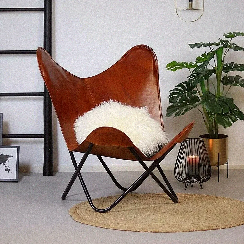 Classy Brown living room Chair Goat Leather Butterfly Chair with Iron Frame