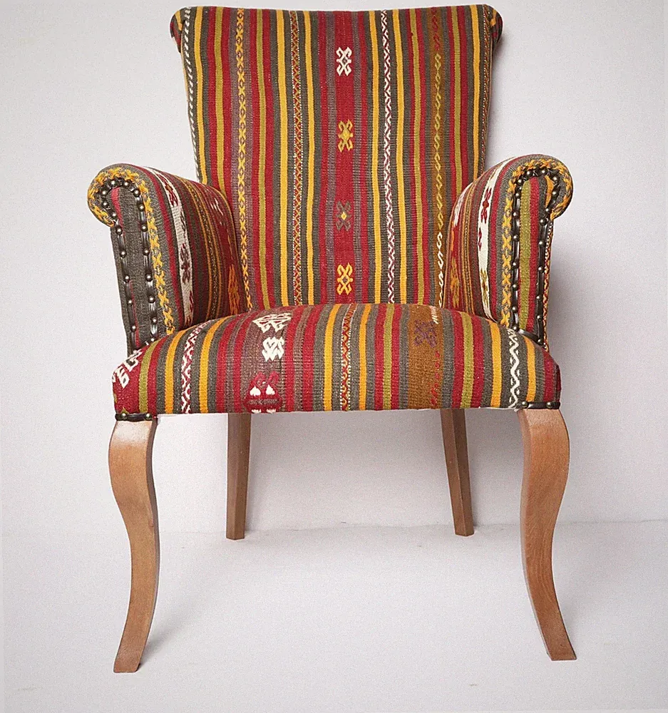 High Quality Vintage Kilim Upholstered Wingback Chair- Boho Accent Armchair