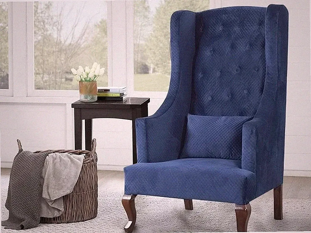 Janet Chesterfield High Back Wing Chair In Premium Fabric Handmade Comfortable