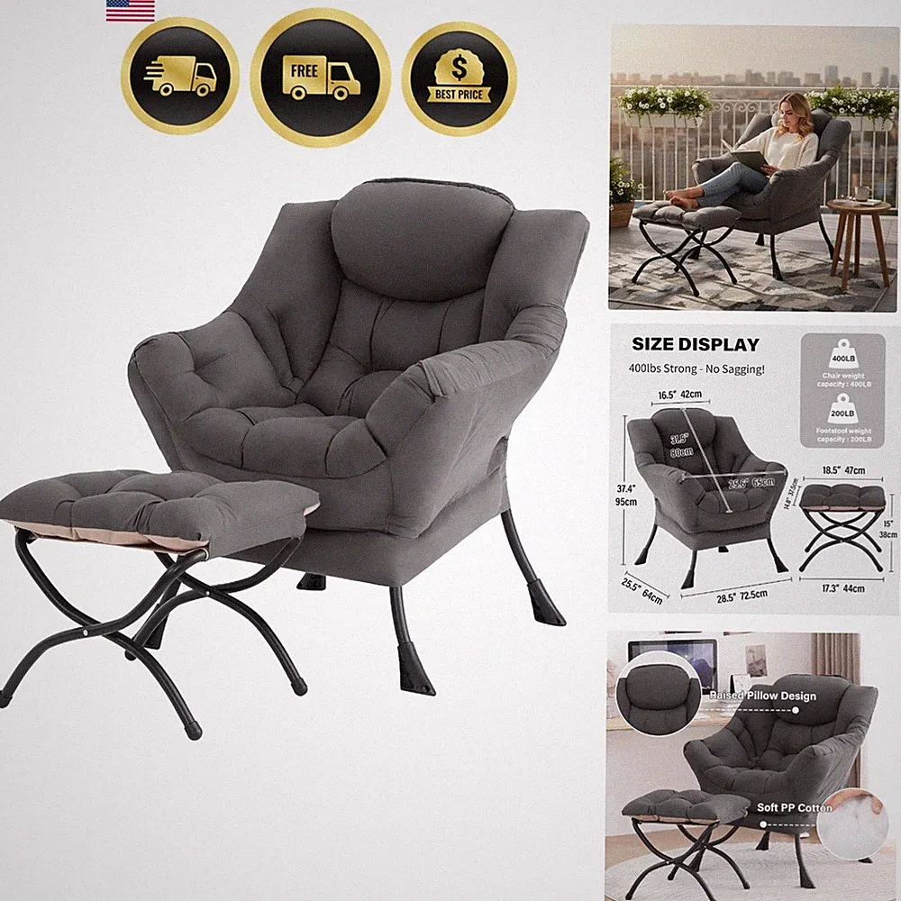 Lazy Chair with Ottoman Modern Lounge Armchair Reading Footrest Large Accent...