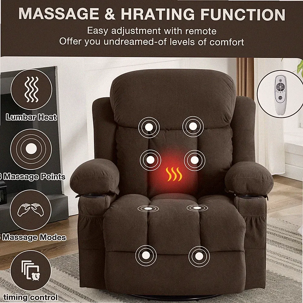 Massage Swivel Recliner Chair heated sofa w/Side Pocket Cup Holders and USB