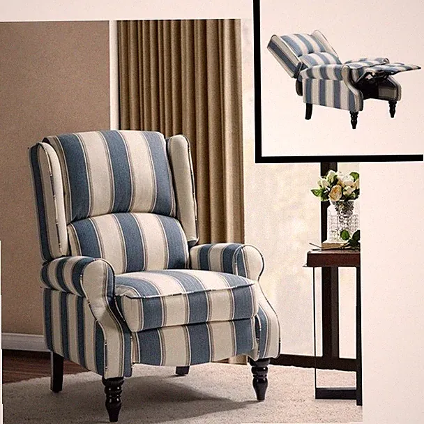 Navy Blue Striped Wingback Manual Pushback Armchair Recliner Chairs Recliners