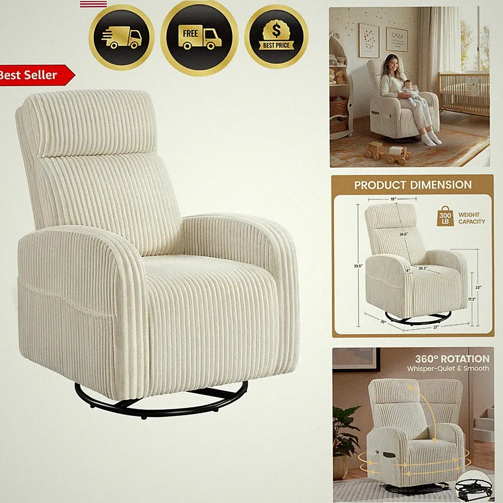 Nursery Glider Chair Swivel Rocking Chair with Side Pockets Beige Lounge