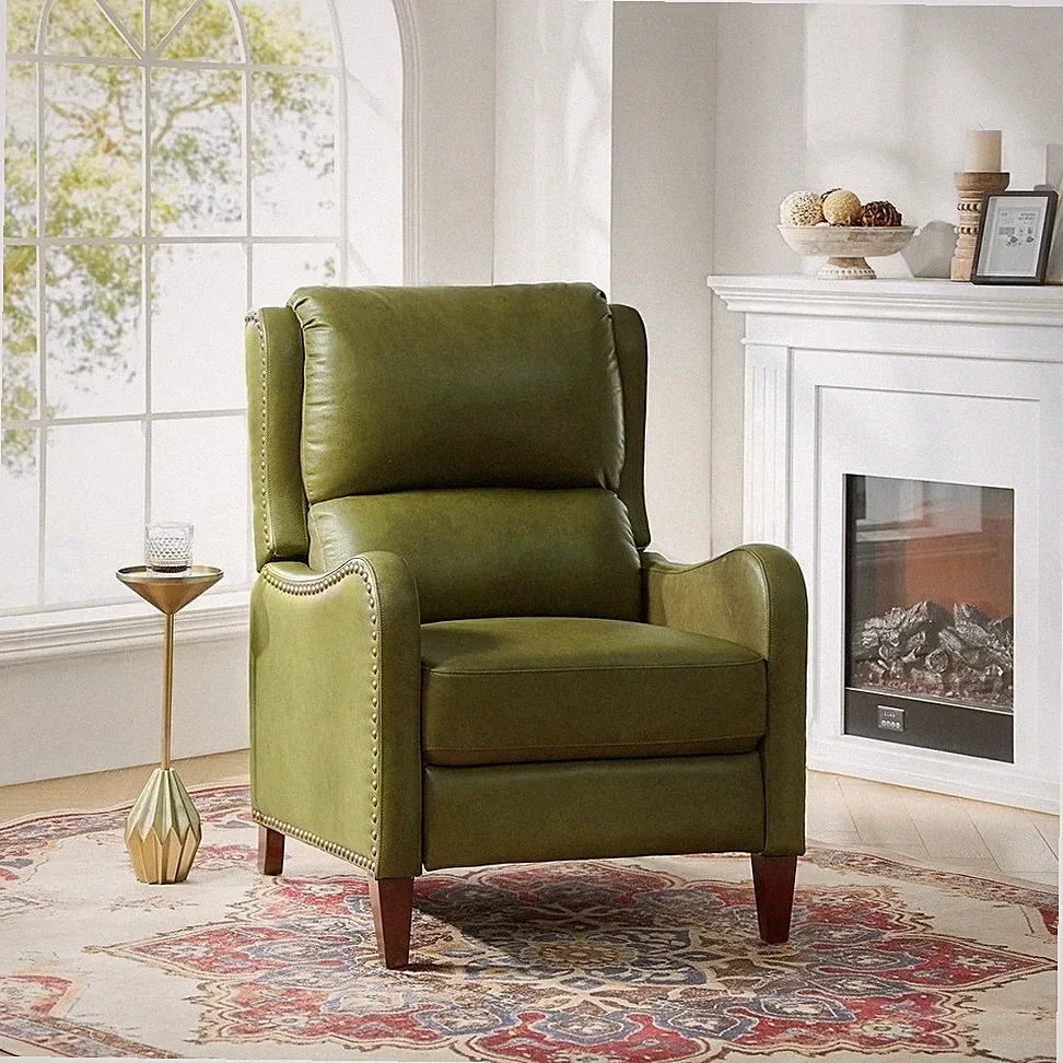 Olive Green Top Grain Genuine Leather Wingback Pushback Recliner Club Arm Chair