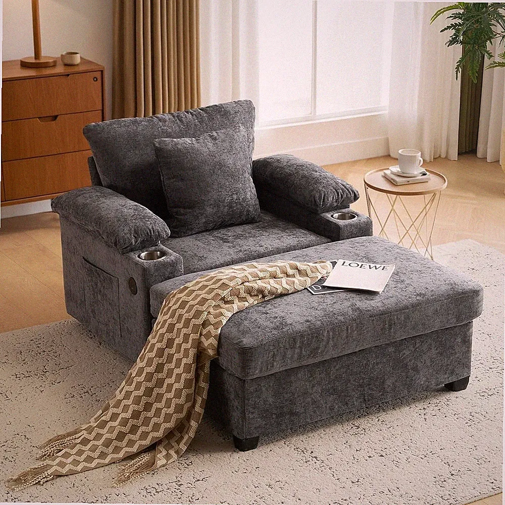 Oversized Accent Chair with Ottoman Deep Seat Upholstered Armchair USB Charging