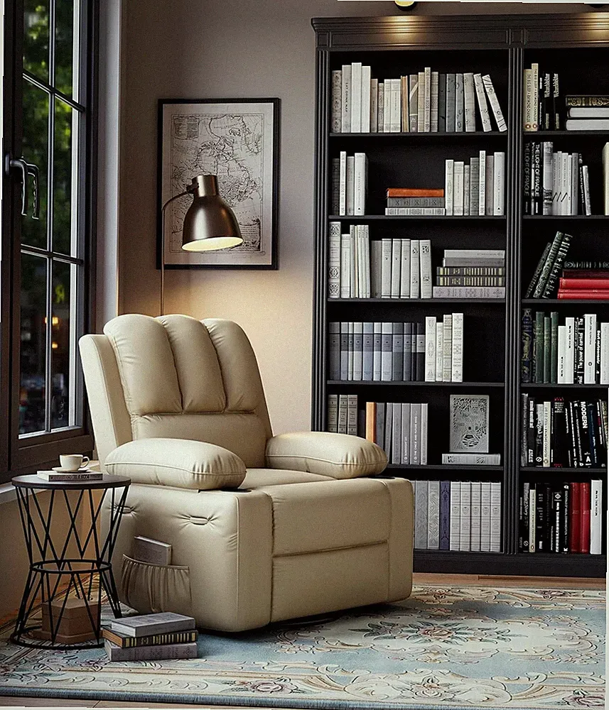 Oversized Manual Recliner Chair w/ Overstuffed Arm Faux Leather Recliner w/ Cup