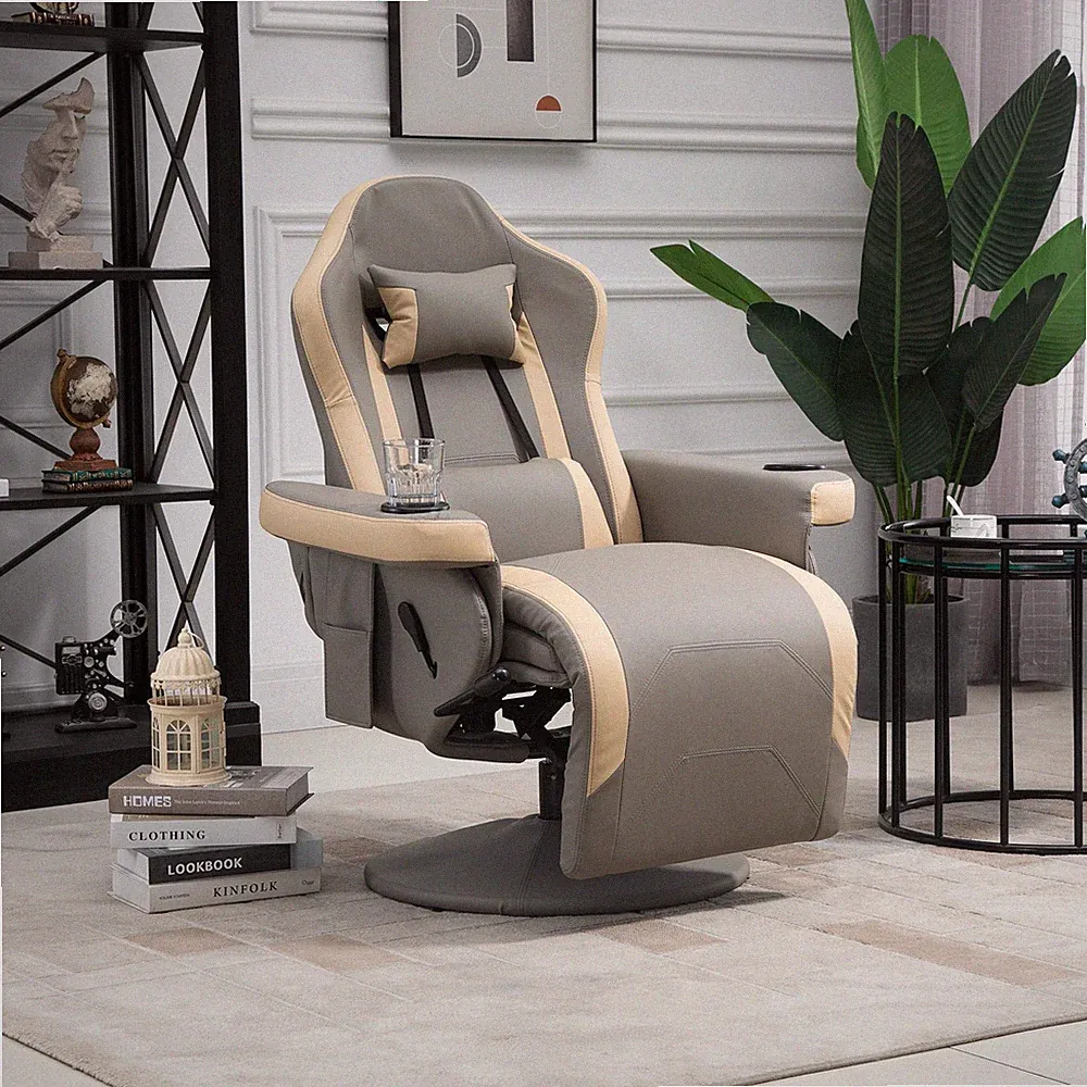 Recliner Armchair Swivel PU Leather Chair Lounge with Cup Holder for Living Room