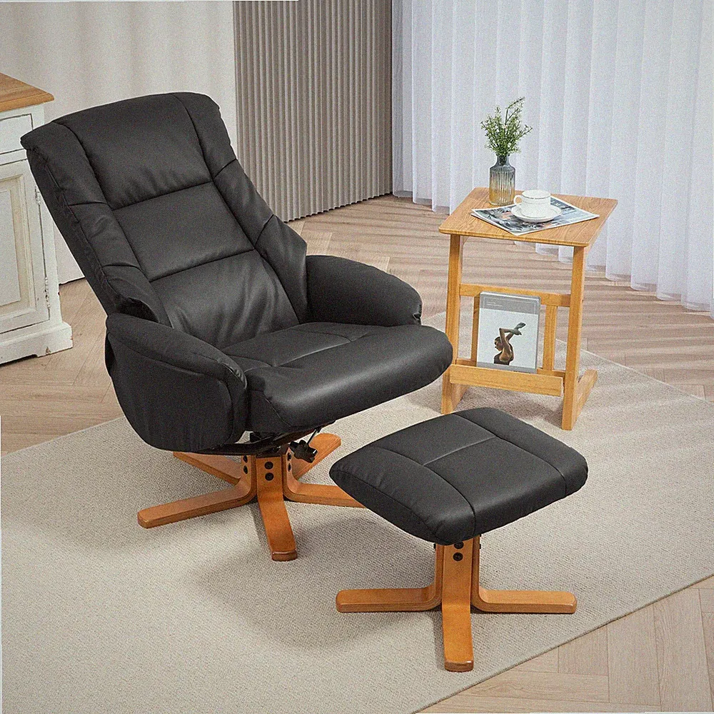 Rocking Recliner Chair With Footstool, PU Leather Recliner Armchair With Wood Ba