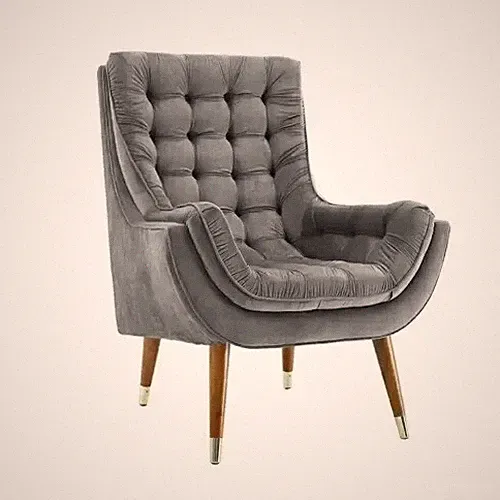 Valencia Tufted Wing Chair In Grey Velvet Fabric High Quality Upholstered
