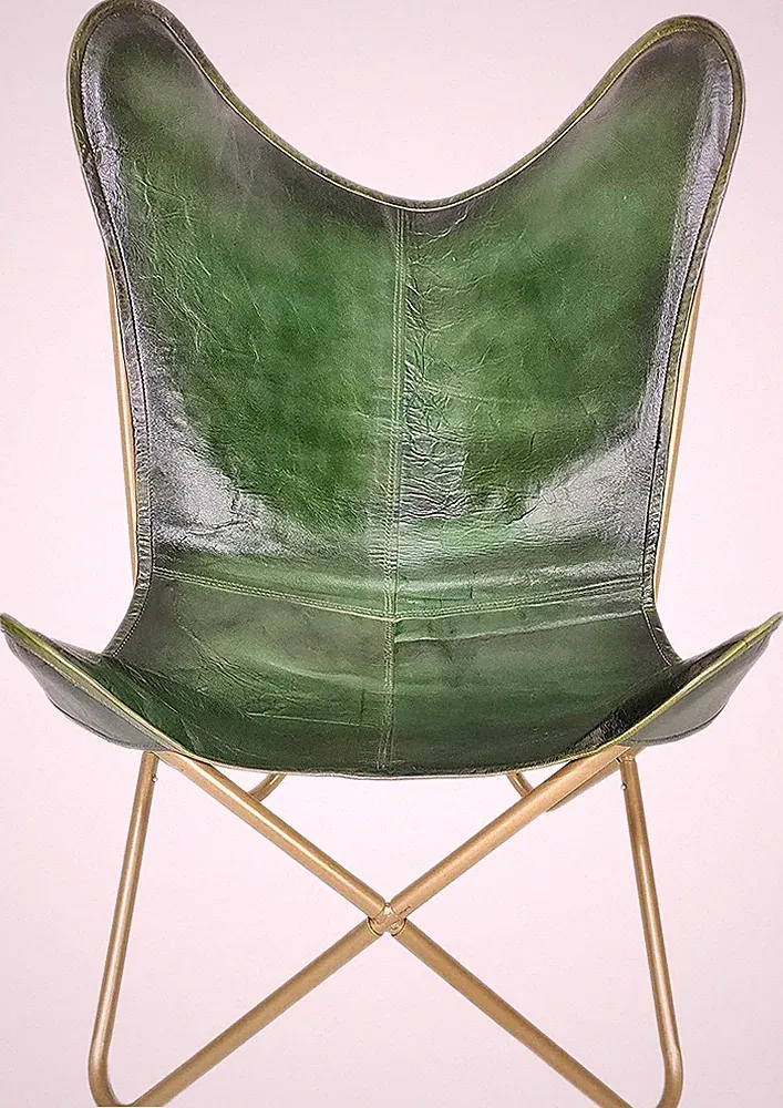 Vintage Genuine Leather Butterfly Chair Metal Frame Lounge Chair